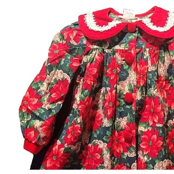 VTG 90s Dress Poinsetta Rare Editions Christmas Union Made USA Painter Smock 4T - Picture 2 of 9